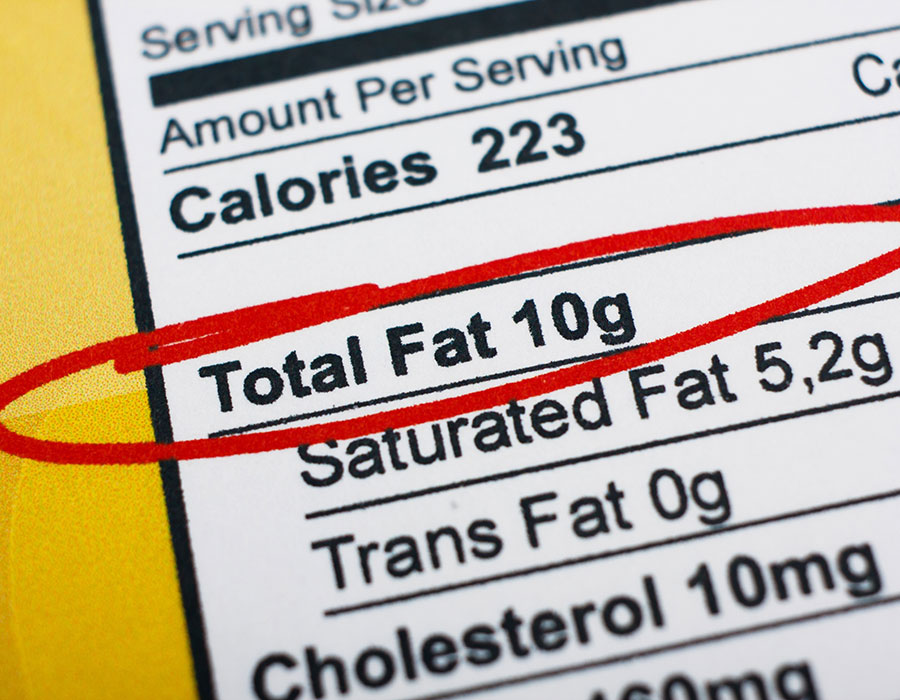 Photo of a nutrition facts label. High amount fat in food.
